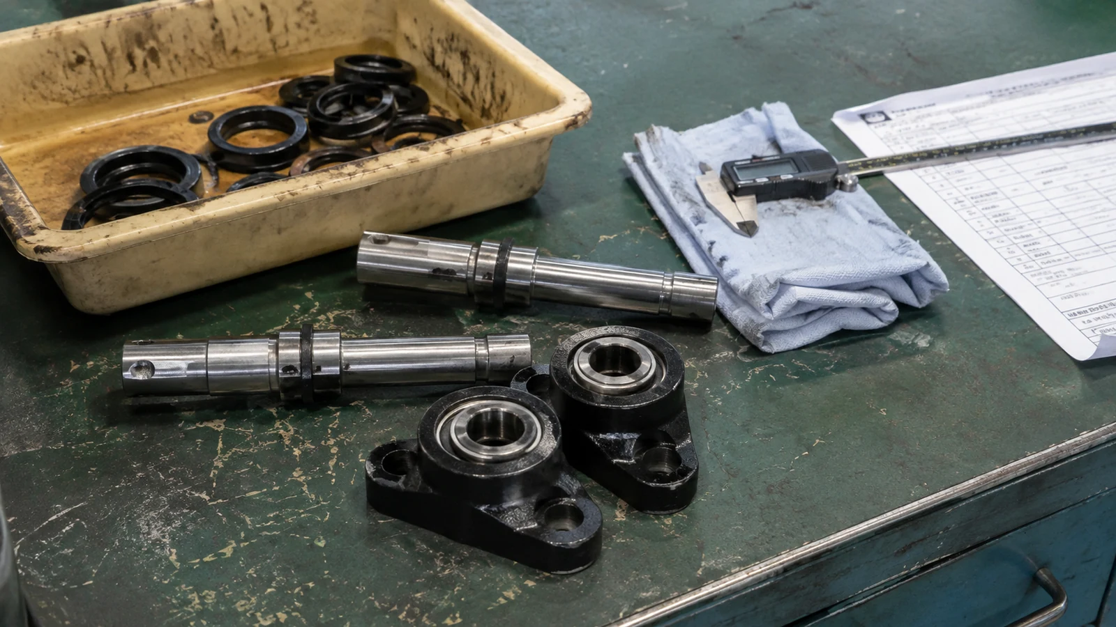 Machined parts, seals, a measuring tool, and inspection records on a workbench