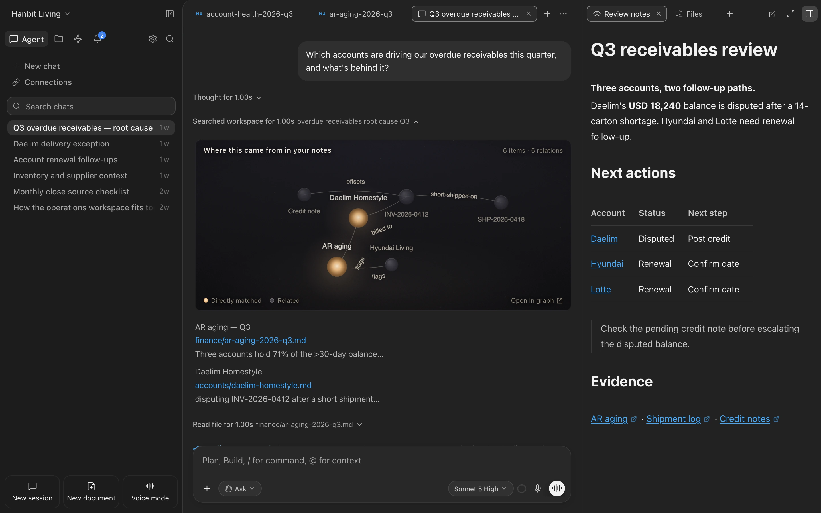 Consilience: conversation, documents, and review notes in one workspace