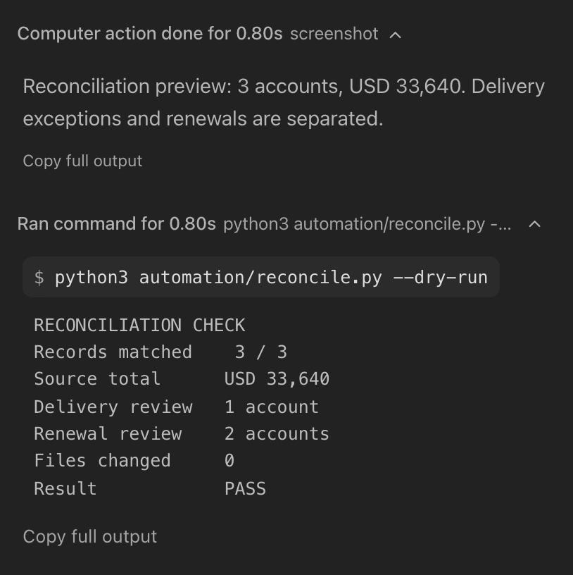 Native agent activity showing computer inspection and a completed CLI command