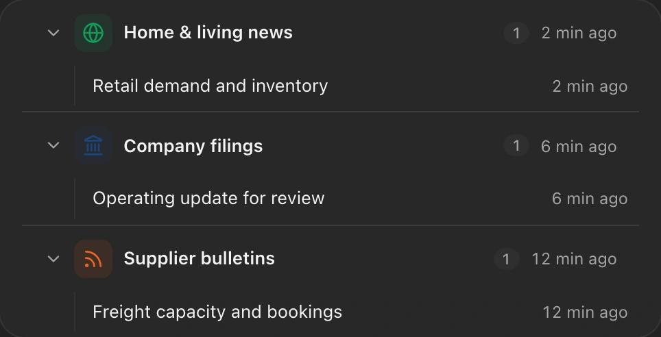 Recent news, filings, and supplier updates grouped by source