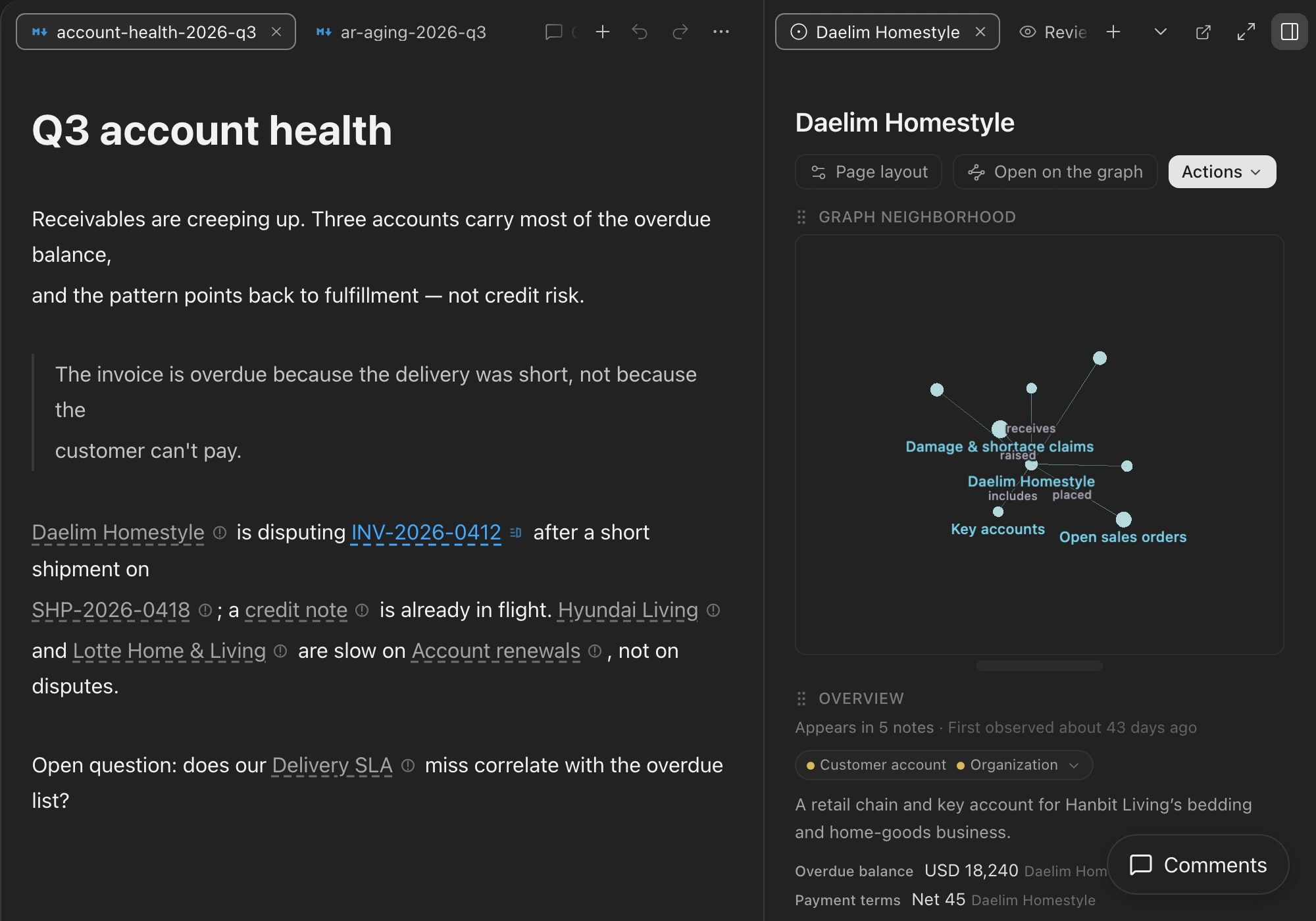 Q3 account health Markdown document beside its entity profile and relationships